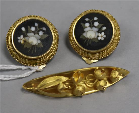 A pair of 19th century yellow metal micro-mosaic earrings and a similar navette-shaped foliate brooch.